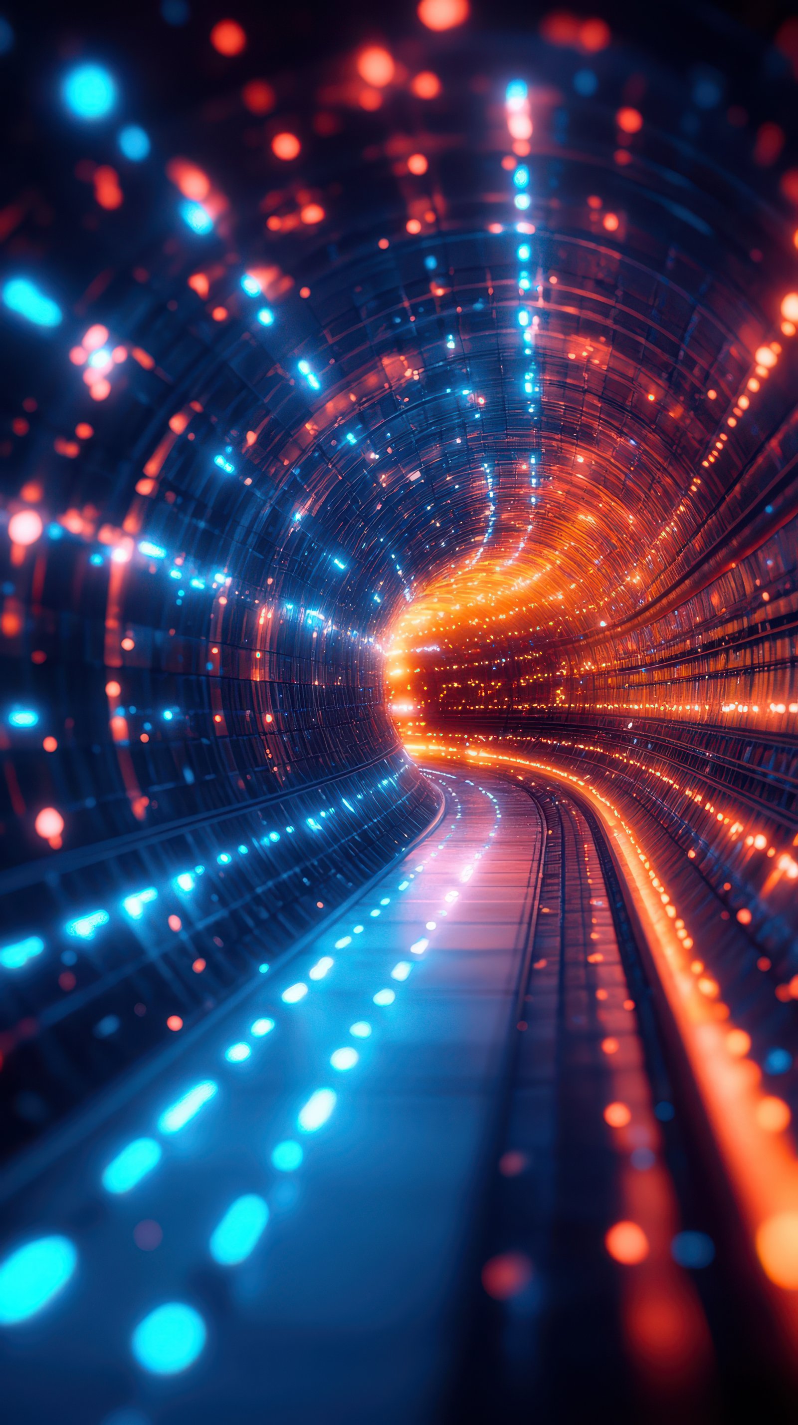 Colorful digital tunnel with glowing lights and flowing patterns in vibrant blue and orange hues